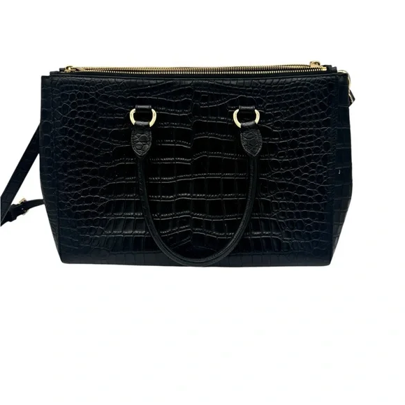 Henri Bendel Black Satchel with Croc-Embossed Leather - Picture 2 of 9